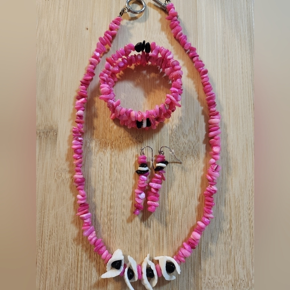 Hand Crafted Pink Beaded Necklace, Bracelet, and Earrings Set White Black Accent